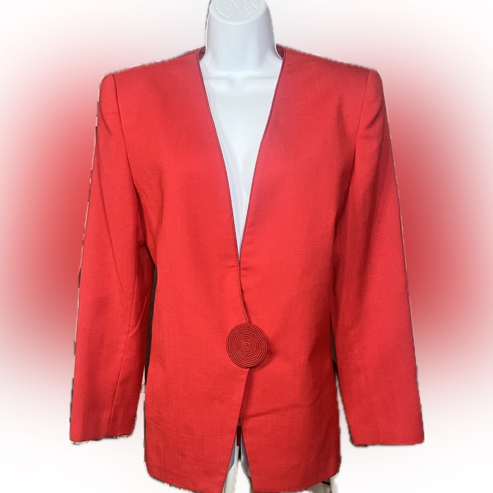 Vintage Red Blazer with Shoulder Pads and Pockets. Single Statement Button